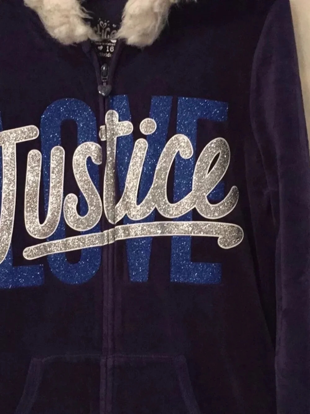 Justice 16 navy blue velour glitter LOVE hoodie jacket